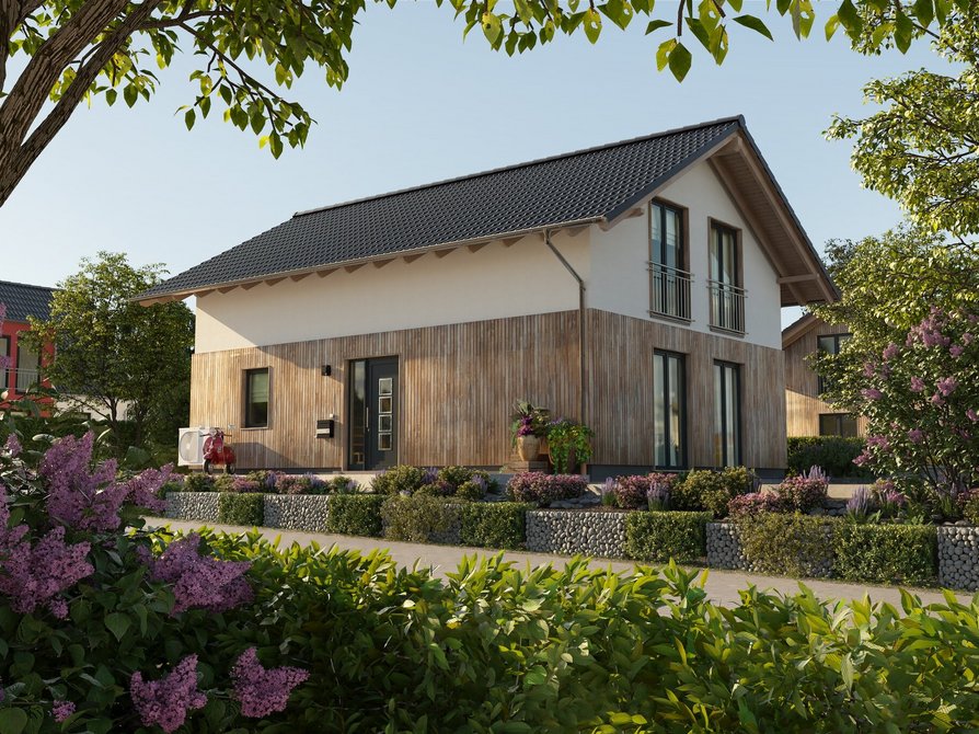 Erleben Sie das Bodensee 129 Süd mit einladendem Eingangsbereich, Dachüberstand, Holz-Elementen an der Fassade und bodentiefen Fenstern für einen wunderbaren Ausblick in den Garten.