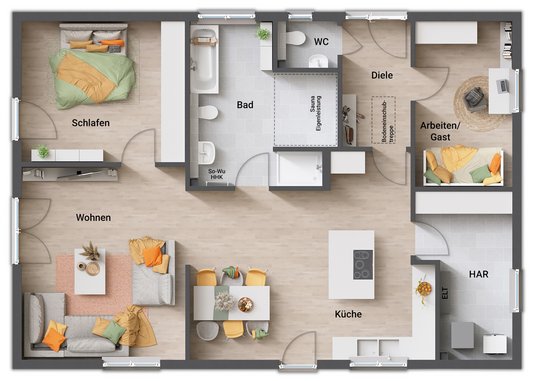 Grundrissvariante 3 des Bungalow 110 mit großem HAR, Gäste-WC und Bad mit Saunaoption