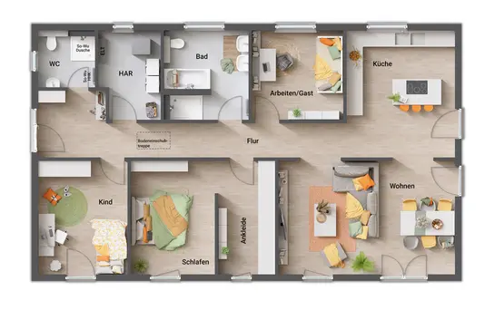 In Grundrissvariante 3 liegen der Eingang an der kurzen Hausseite, eine großzügige Garderobe, ein offener Wohnbereich am Ende des Hauses sowie ein Schlafzimmer mit Ankleide und ein markanter Flur im 'Catwalk'-Stil.